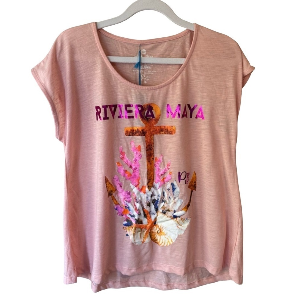 Mayan Riviera Pink Orange Graphic Cap Sleeve T-Shirt women’s M Resort